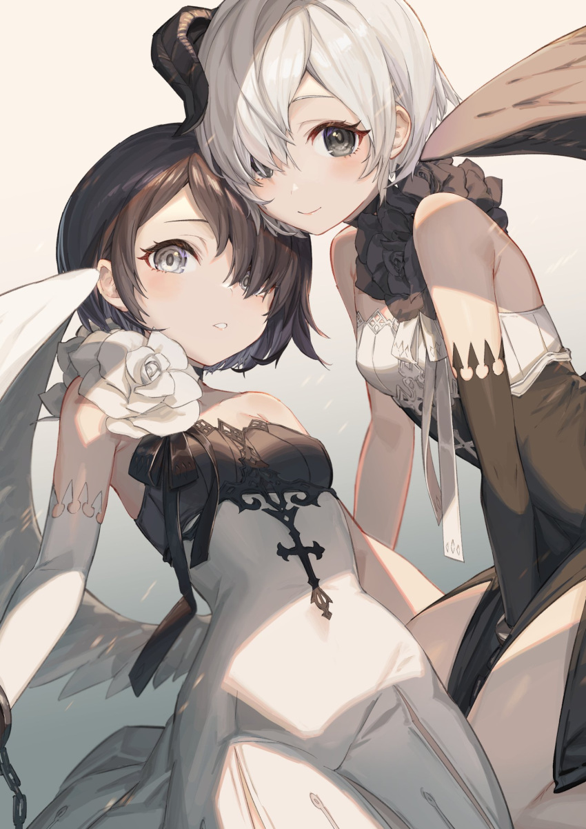 2girls, beatrice_(masterwork_apocalypse), black_choker, black_dress, black_eyes, black_flower, black_gloves, black_hair