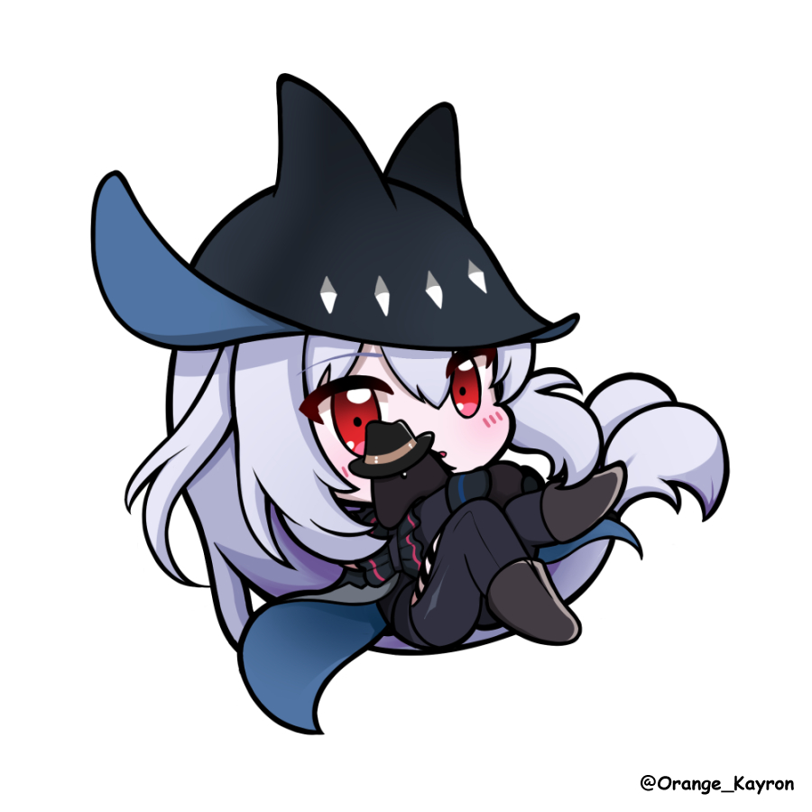 1girl, :o, arknights, bangs, black_dress, black_footwear, black_headwear, black_legwear, blush, boots, chibi, commentary, commission, dress, english_commentary, eyebrows_visible_through_hair, full_body, grey_hair, hair_between_eyes, hat, object_hug, orange_crayon!, pantyhose, parted_lips, red_eyes, simple_background, skadi_(arknights), solo, twitter_username, white_background