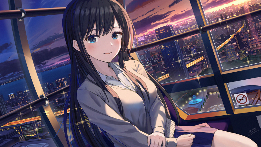 1girl, animal_ears, bangs, black_hair, blue_eyes, blue_skirt, blush, building