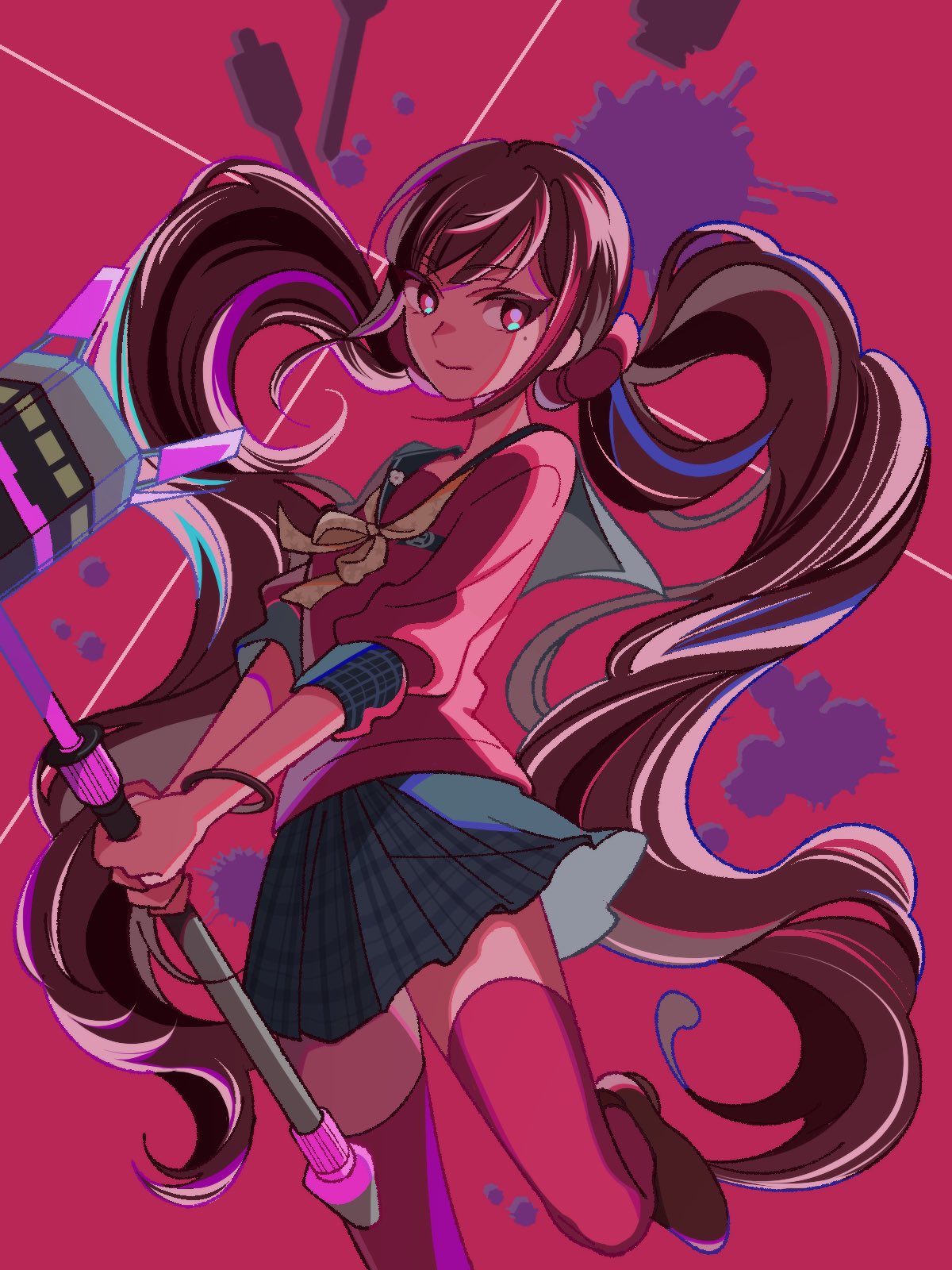 1girl, bangs, black_sailor_collar, bow, bowtie, brown_footwear, brown_hair, danganronpa_(series)