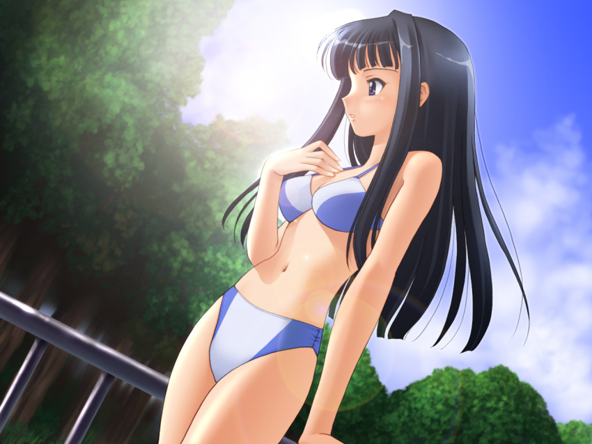 1girl, aoyama_motoko, bangs, bikini, black_hair, blue_bikini, blue_eyes, blunt_bangs