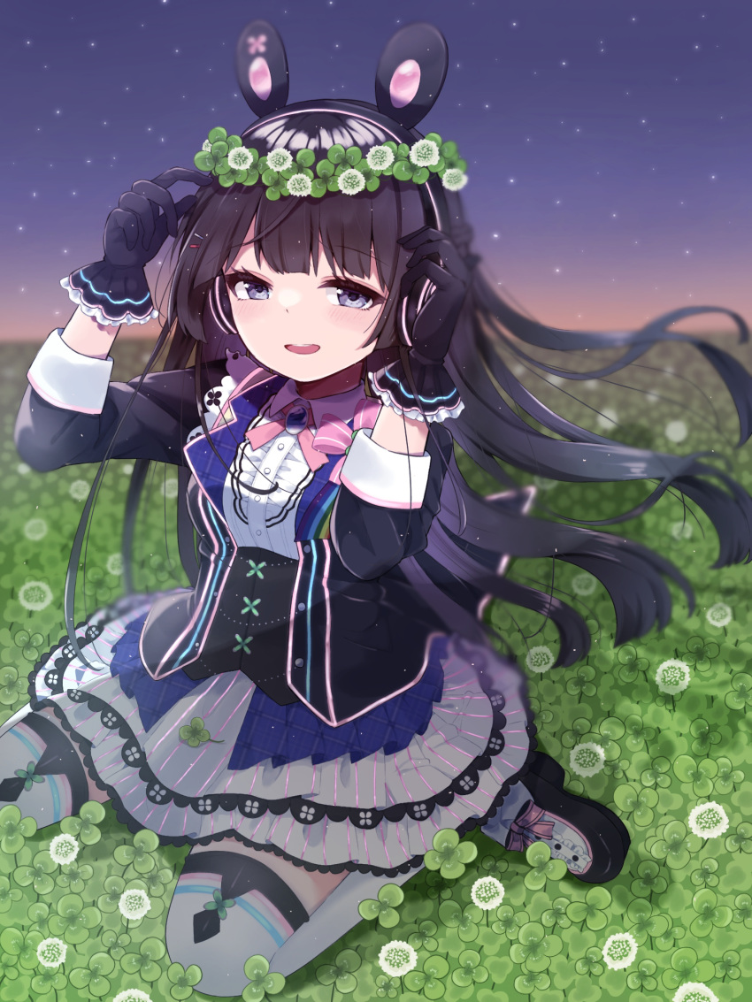 black_gloves, black_hair, black_jacket, bodice, bow, eyebrows_visible_through_hair, floating_hair, gloves