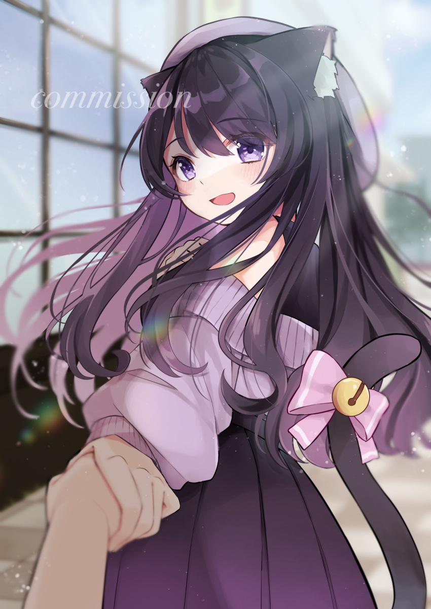 1girl, absurdres, animal_ear_fluff, animal_ears, bell, beret, black_hair, blush