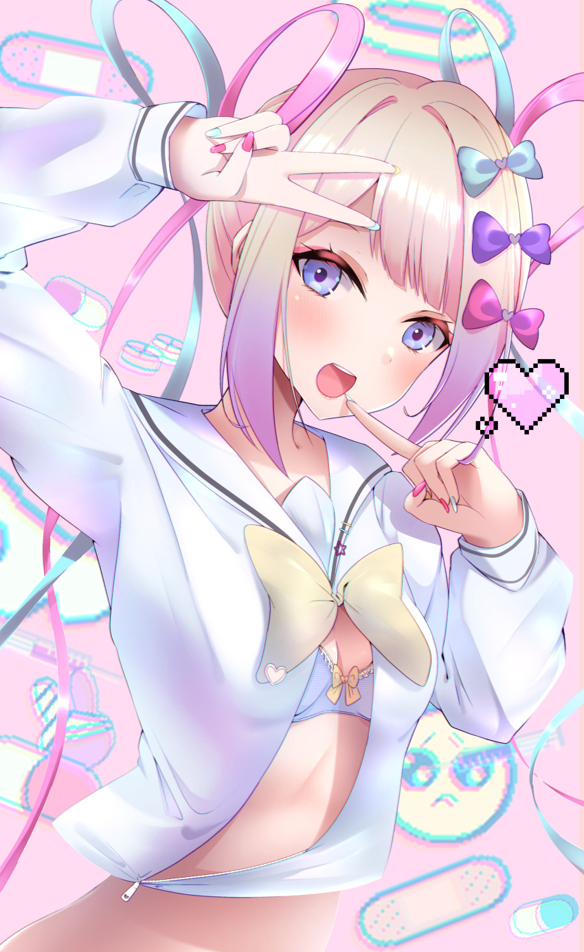 1girl, absurdres, bandages, bandaid, bangs, blue_bra, blue_eyes, blue_hair