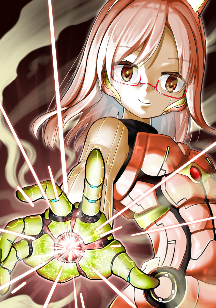 1girl, aiming_at_viewer, android, armor, calabo, commentary_request, eyebrows_visible_through_hair, flat_chest