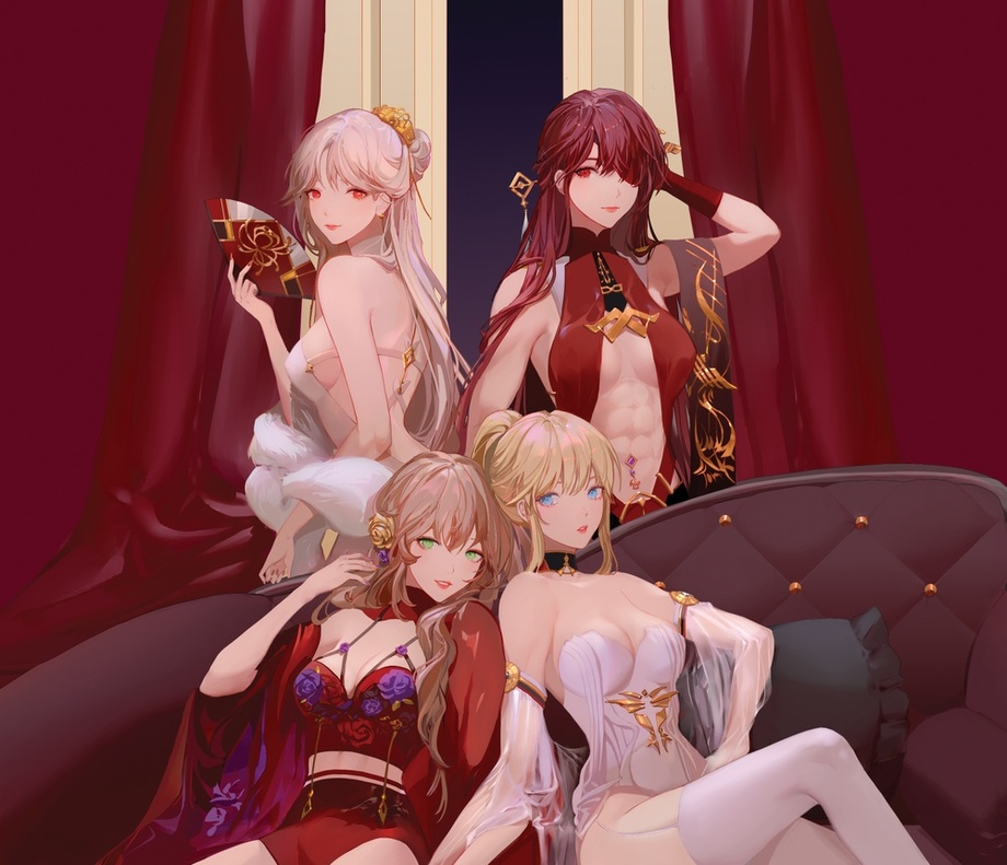 4girls, abs, arm_behind_head, backless_outfit, bad_link, bare_shoulders, beidou_(genshin_impact), blue_eyes
