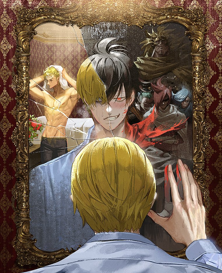 6+boys, abs, bangs, black_hair, black_pants, blonde_hair, blue_eyes, broken_mirror