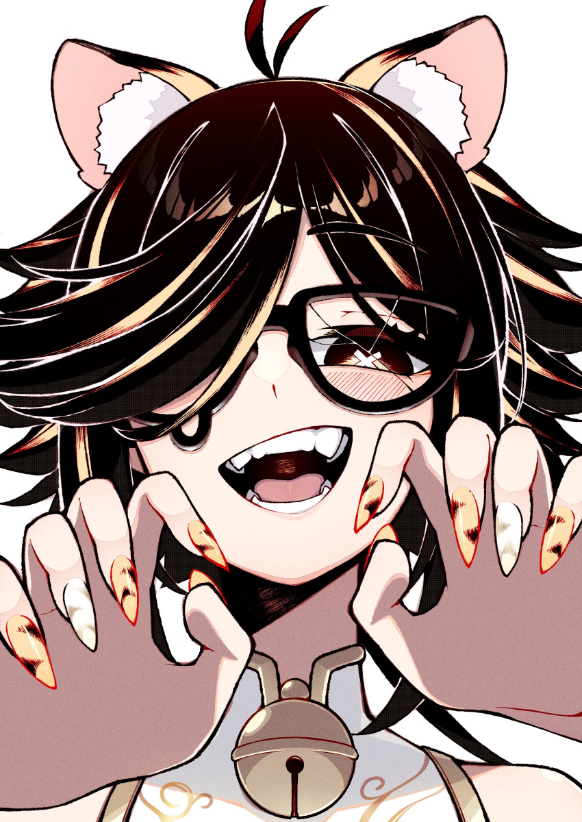 1girl, absurdres, animal_ear_fluff, animal_print, bangs, black_eyes, black_hair, blush, brown_eyes, china_dress, chinese_clothes, chinese_zodiac, cracked_glass, dress, fangs, glasses, hair_over_one_eye, highres, kemonomimi_mode, multicolored_hair, nail_polish, one_eye_covered, open_mouth, orange_hair, original, smile, solo, streaked_hair, tiger_print, unexistarts, uni_(unexistarts), white_background, white_dress, year_of_the_tiger