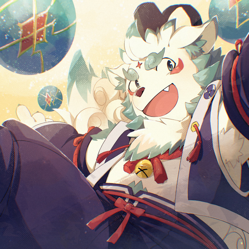1boy, agyo_(housamo), animal_ears, aqua_fur, ball, bell, blue_hakama, body_fur