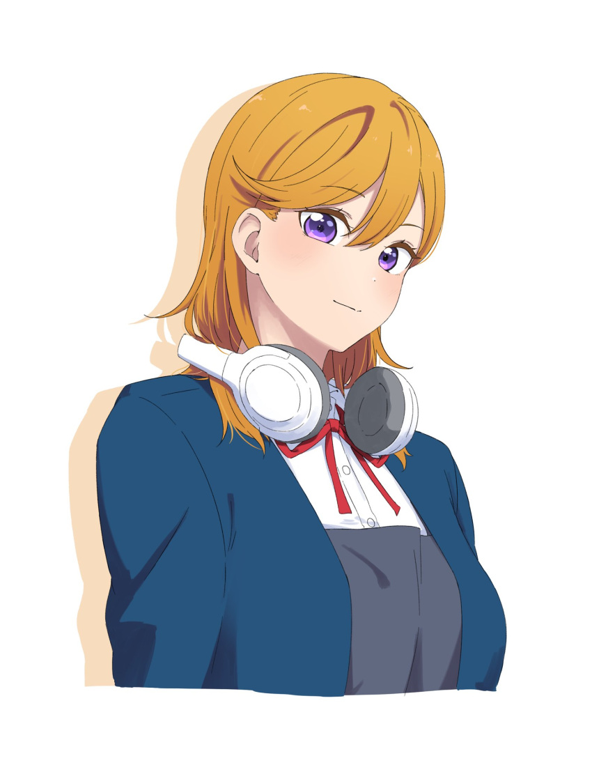 1girl, bangs, blonde_hair, blue_jacket, closed_mouth, cropped_torso, dress_shirt, eyebrows_visible_through_hair