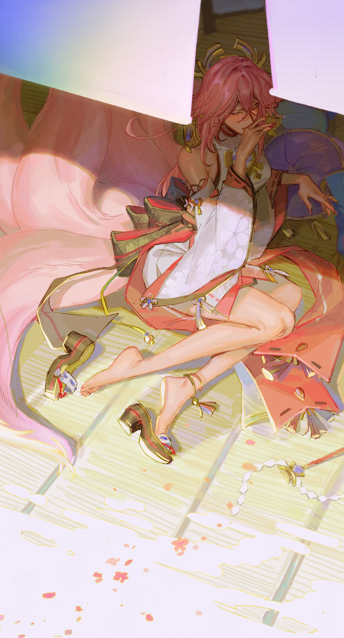 1girl, blush, detached_sleeves, eyebrows_visible_through_hair, from_above, genshin_impact, highres, japanese_clothes