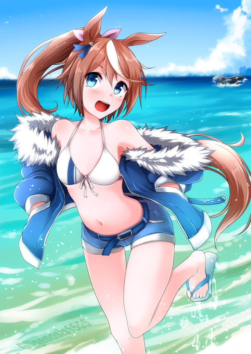 1girl, :d, absurdres, animal_ears, bangs, bare_legs, bare_shoulders, bikini, blue_eyes, blue_footwear, blue_jacket, blush, brown_hair, collarbone, commentary_request, denim, denim_shorts, eyebrows_visible_through_hair, flip-flops, foot_out_of_frame, front-tie_bikini, front-tie_top, fur-trimmed_jacket, fur_trim, g_(genesis1556), hands_in_pockets, highres, horse_ears, jacket, long_hair, long_sleeves, looking_at_viewer, multicolored_hair, navel, ocean, off_shoulder, open_clothes, open_jacket, orca, outdoors, ponytail, punching, sandals, shark, short_shorts, shorts, smile, solo, standing, standing_on_one_leg, stomach, streaked_hair, swimsuit, thighs, tokai_teio_(umamusume), umamusume, very_long_hair, water, white_bikini, white_hair