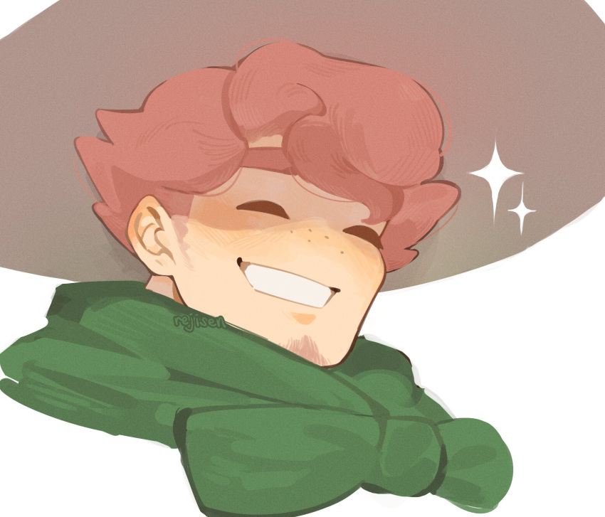 1boy, :d, alternate_facial_hair, beige_headwear, cropped_shoulders, face, facial_hair, freckles, goatee, hat, highres, long_sideburns, male_focus, milo_(pokemon), pink_hair, pokemon, pokemon_(game), pokemon_swsh, reji_(_rejisen), short_hair, sideburns, smile, solo, sparkle, sun_hat, thick_eyebrows