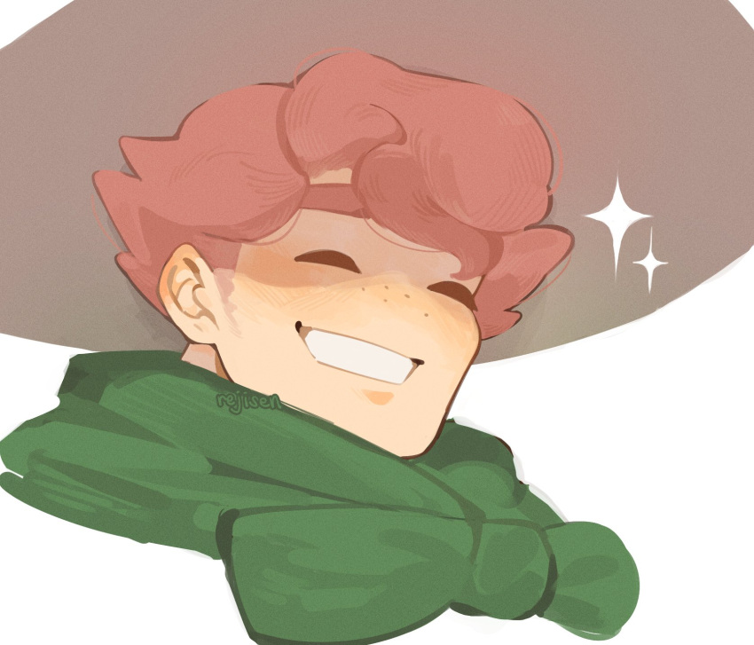 1boy, :d, beige_headwear, cropped_shoulders, face, freckles, hat, highres