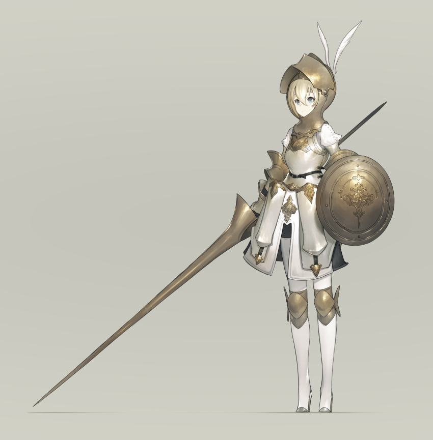 1girl, amor, armor, beige_background, blonde_hair, blue_eyes, boots, breastplate