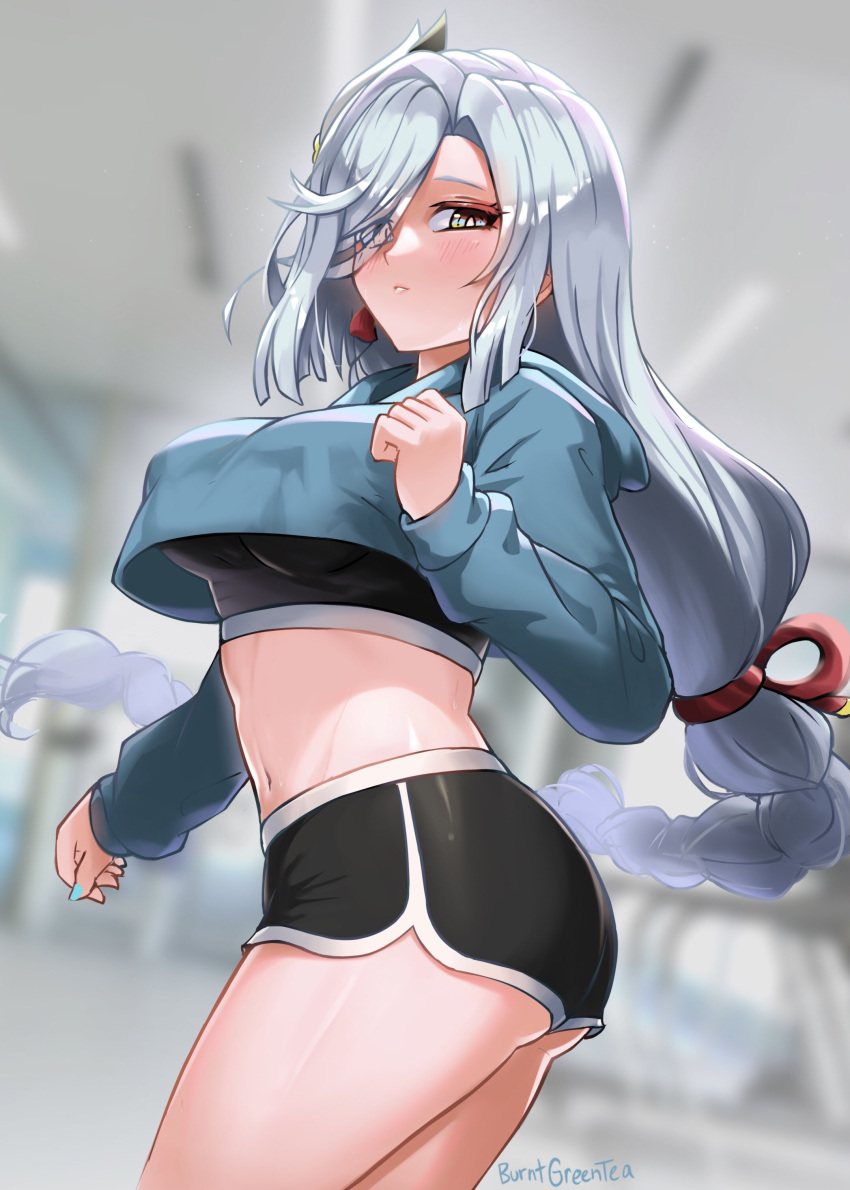 1girl, absurdres, aqua_nails, artist_name, ass, black_dress, black_shorts, blue_eyes