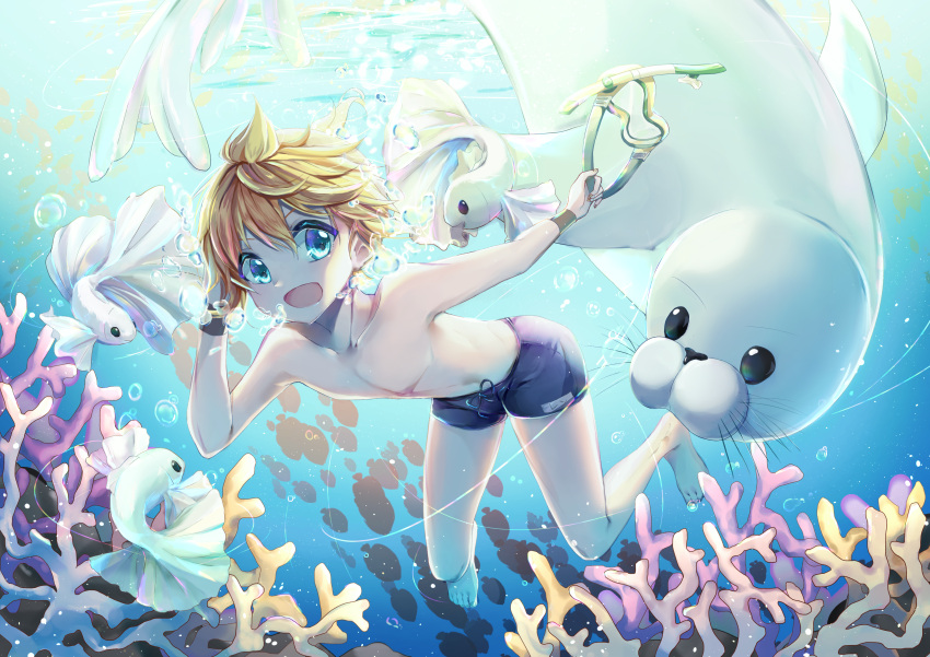 1boy, absurdres, barefoot, blonde_hair, blue_eyes, bubble, collarbone, commentary_request