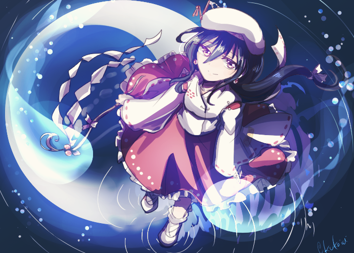 1girl, beret, black_hair, blue_footwear, character_request, commentary_request, detached_sleeves, earrings, gohei, hakama, hakama_skirt, hat, hitodama, holding, japanese_clothes, jewelry, kimono, long_hair, long_skirt, long_sleeves, miko, moon, owannu, portrait_of_exotic_girls, red_hakama, red_skirt, skirt, smile, socks, touhou, violet_eyes, walking, walking_on_liquid, white_headwear, white_kimono, white_legwear, white_sleeves, wide_sleeves