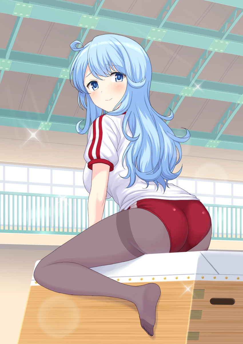 1girl, absurdres, ahoge, ass, black_legwear, blue_eyes, blue_hair, blush