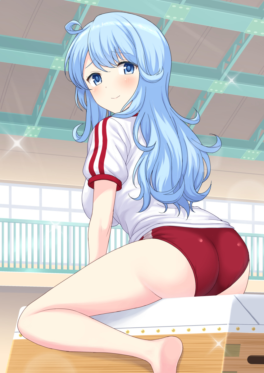1girl, ahoge, ass, barefoot, blue_eyes, blue_hair, blush, breasts