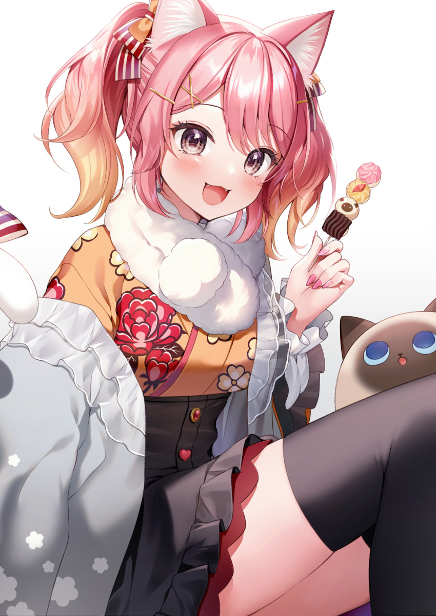1girl, :d, animal_ear_fluff, animal_ears, bangs, black_legwear, black_skirt, blonde_hair
