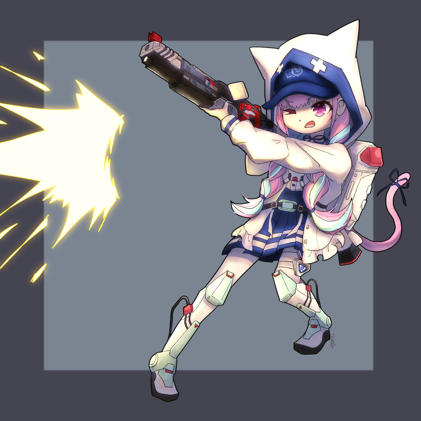 1girl, absurdres, apex_legends, blue_dress, bow, cable, cat_girl, cat_tail, chibi, cosplay, dress, energy_gun, eyebrows_visible_through_hair, firing, gun, hair_behind_ear, highres, holding, holding_gun, holding_weapon, hololive, hood, hoodie, horizon_(apex_legends), horizon_(apex_legends)_(cosplay), korekada, m1904_mastiff, minato_aqua, one_eye_closed, open_mouth, shotgun, solo, spacesuit, tail, tail_bow, tail_ornament, v-shaped_eyebrows, violet_eyes, virtual_youtuber, weapon, white_hoodie