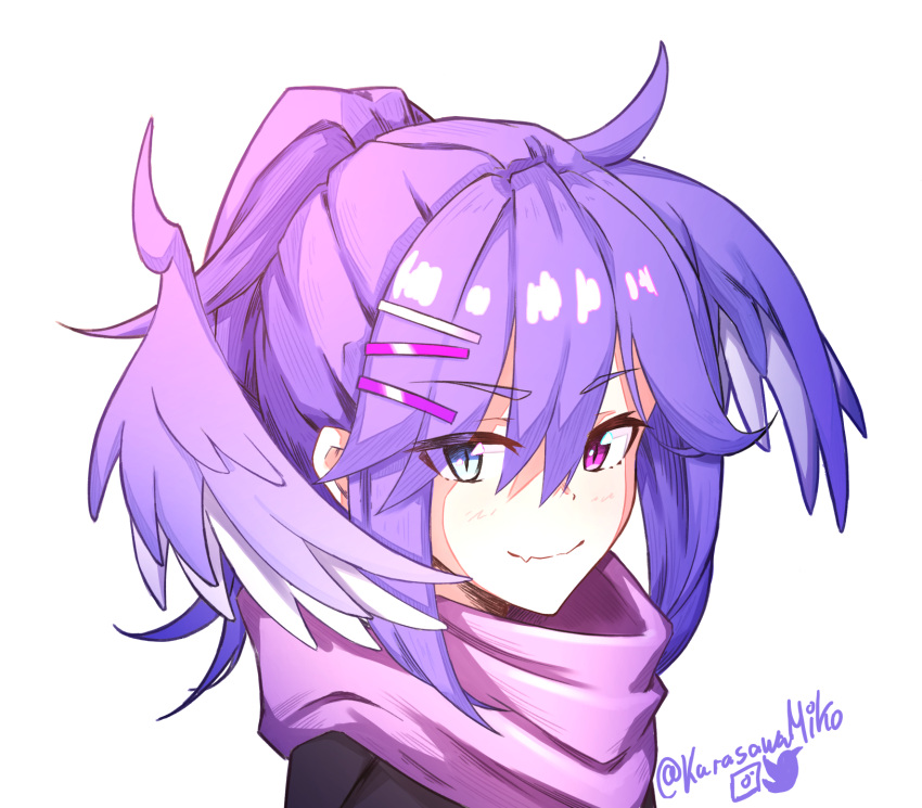 1girl, black_sweater, blue_eyes, eyebrows_visible_through_hair, fang, fang_out, from_side, hair_behind_ear