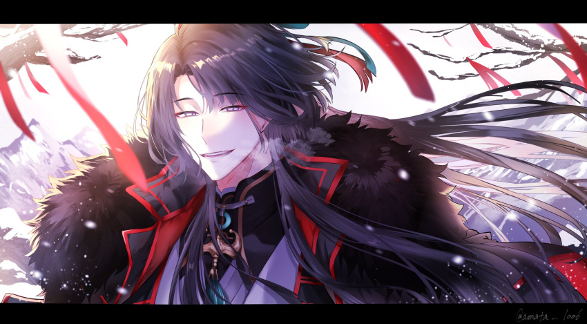 1boy, amata1006, bangs, black_coat, black_hair, cape, coat, commentary_request, eyebrows_visible_through_hair, fate/grand_order, fate_(series), fur-trimmed_cape, fur_trim, grey_eyes, high_collar, highres, long_hair, looking_at_viewer, male_focus, open_mouth, smile, solo, tai_gong_wang_(fate)