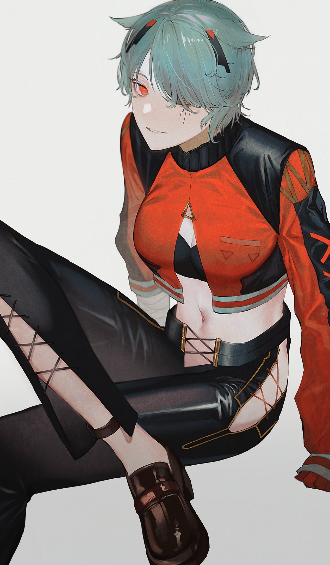 1girl, anklet, black_pants, borrowed_character, breasts, brown_footwear, cropped_jacket, feles_(neko_juu)