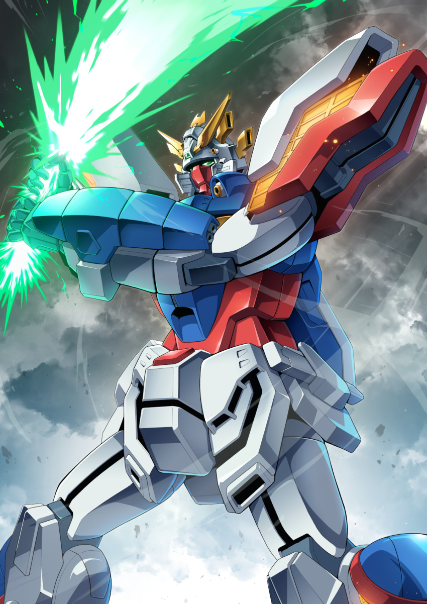 beam_saber, clouds, cloudy_sky, g_gundam, gamiani_zero, green_eyes, gundam, highres