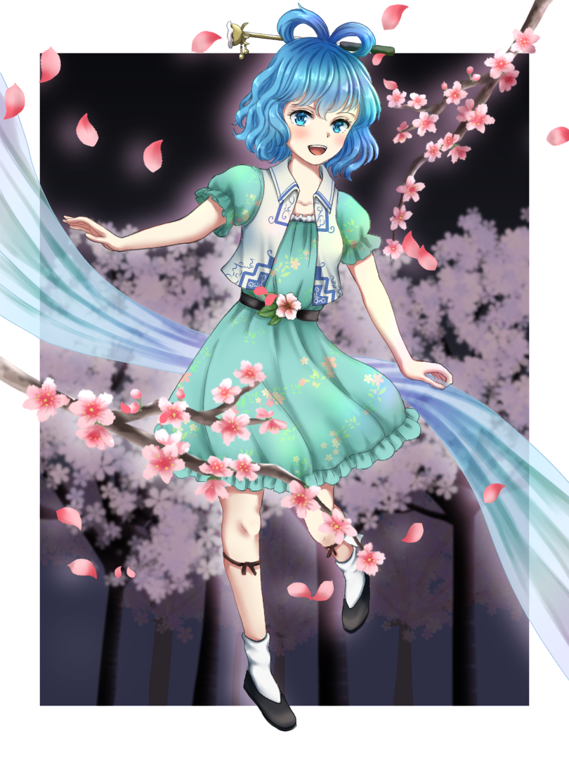 1girl, :d, bangs, black_footwear, blue_dress, blue_eyes, blue_hair, blush