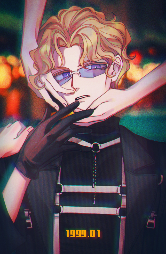1boy, alternate_costume, bespectacled, black_gloves, blonde_hair, blue_eyes, dated, diamond_wa_kudakenai