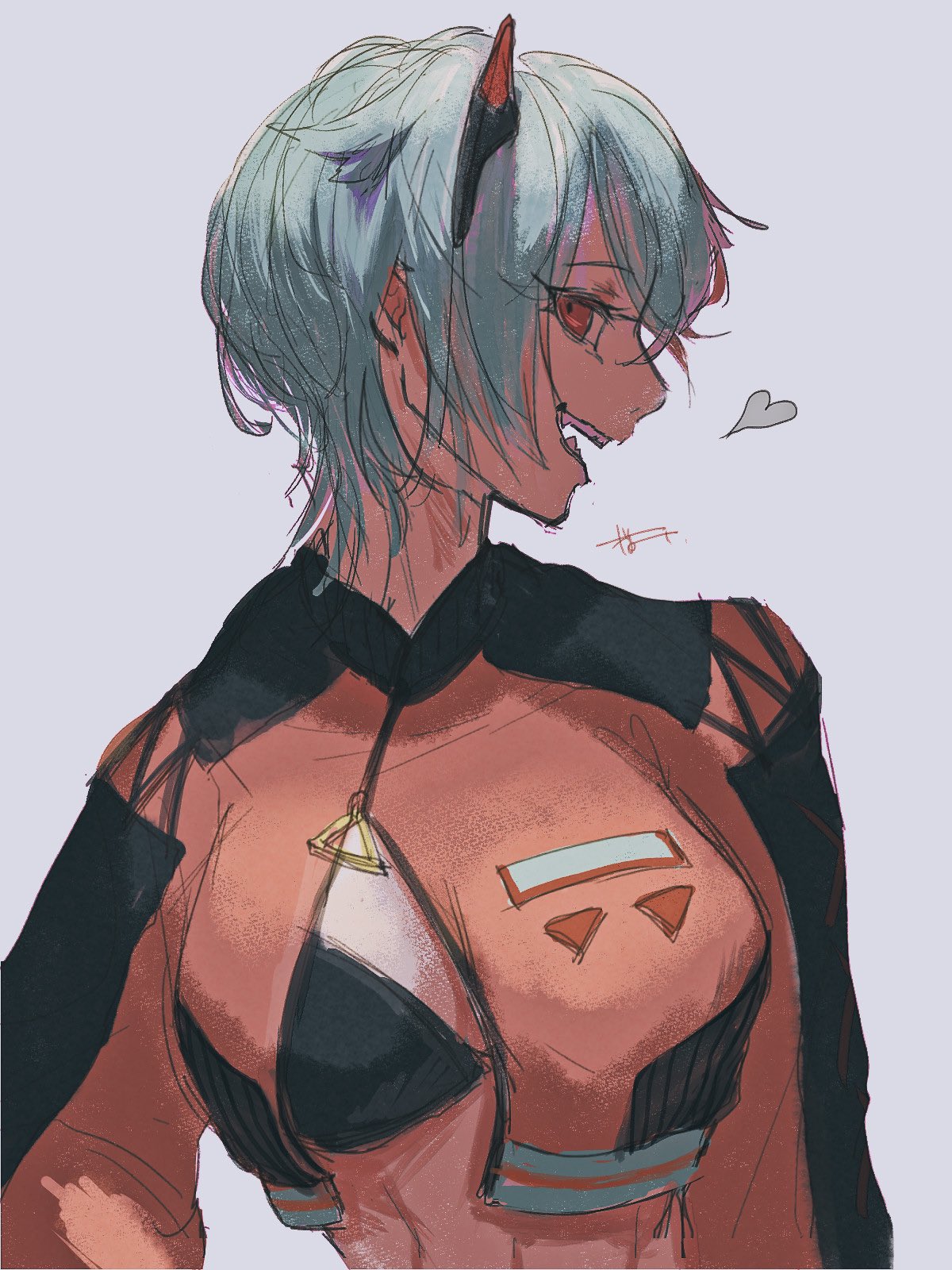 1girl, black_bra, blue_hair, bra, breasts, cropped_jacket, fangs, feles_(neko_juu)