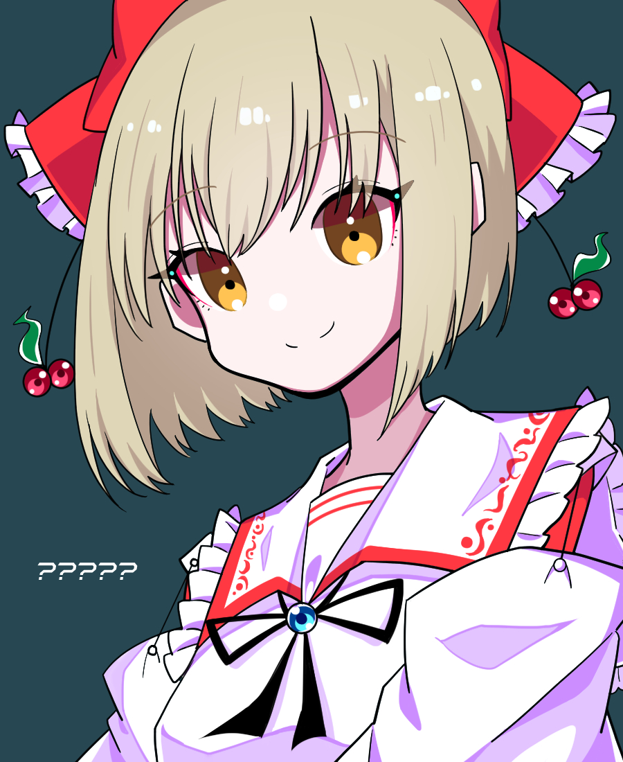 1girl, ?, ??, black_ribbon, blonde_hair, blue_background, bow, breasts
