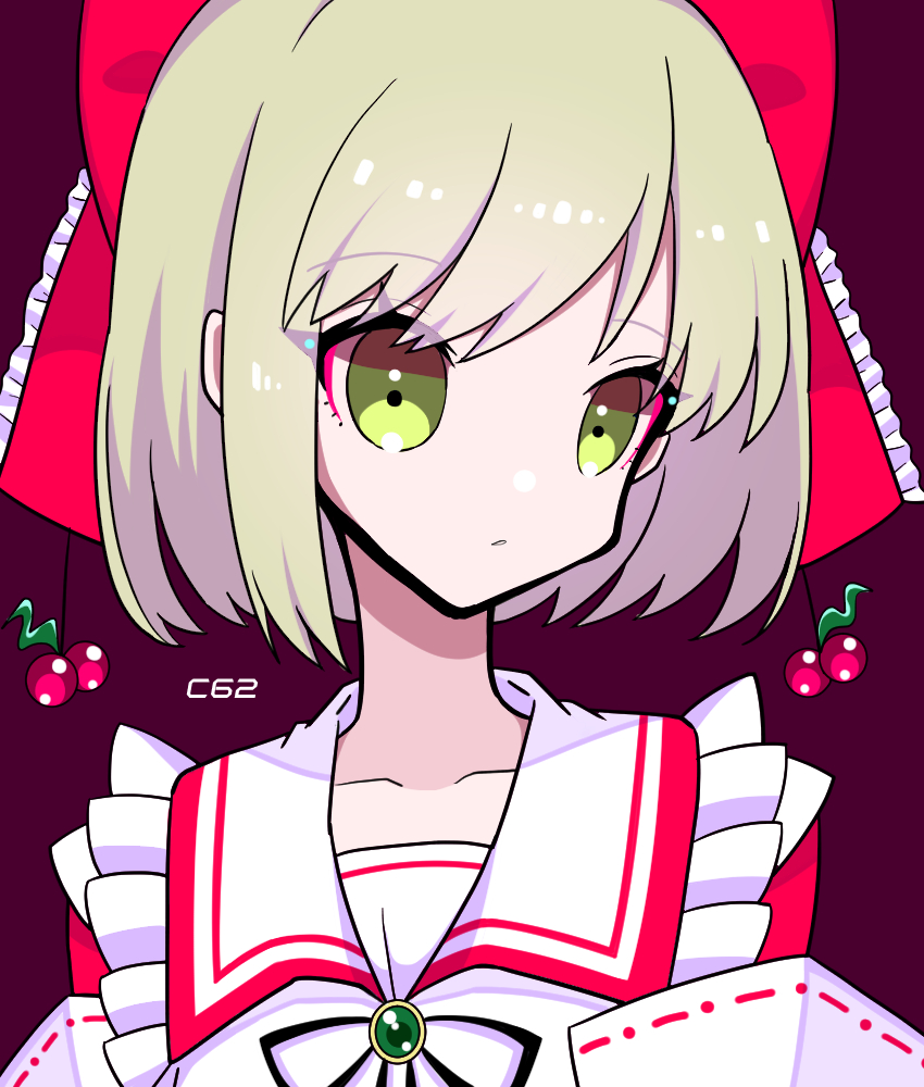 1girl, black_ribbon, blonde_hair, bow, breasts, brooch, collarbone, collared_shirt, comiket_62, commentary_request, detached_sleeves, eyebrows_visible_through_hair, eyelashes, eyes_visible_through_hair, frilled_bow, frilled_shirt_collar, frills, hair_bow, jewelry, kumeri0804, long_sleeves, purple_background, red_bow, ribbon, satsuki_rin, shirt, short_hair, touhou, upper_body, white_shirt, wide_sleeves, yellow_eyes