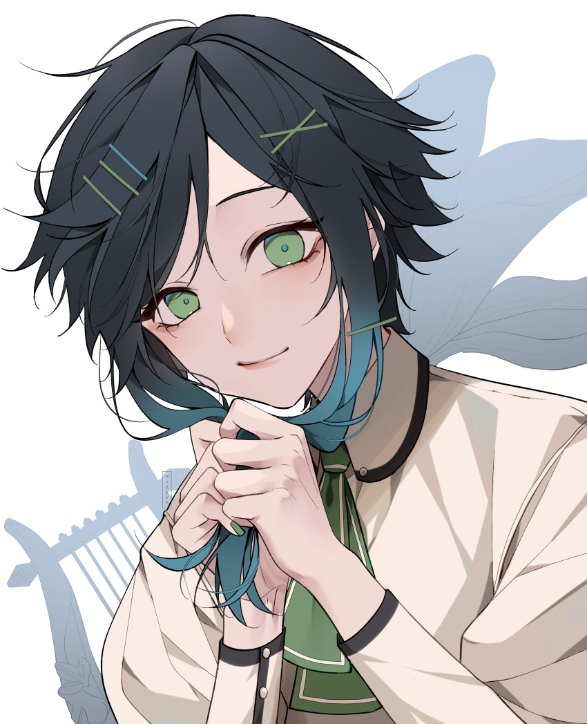 1boy, absurdres, androgynous, aqua_hair, ascot, bangs, blush, braid
