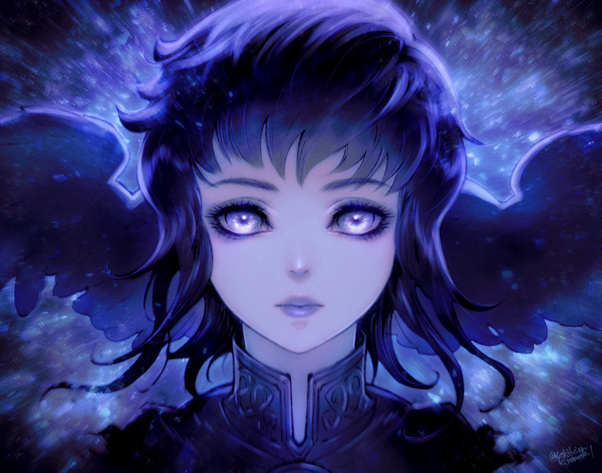 1girl, bangs, blue_capelet, capelet, closed_mouth, feathered_wings, final_fantasy, final_fantasy_xiv