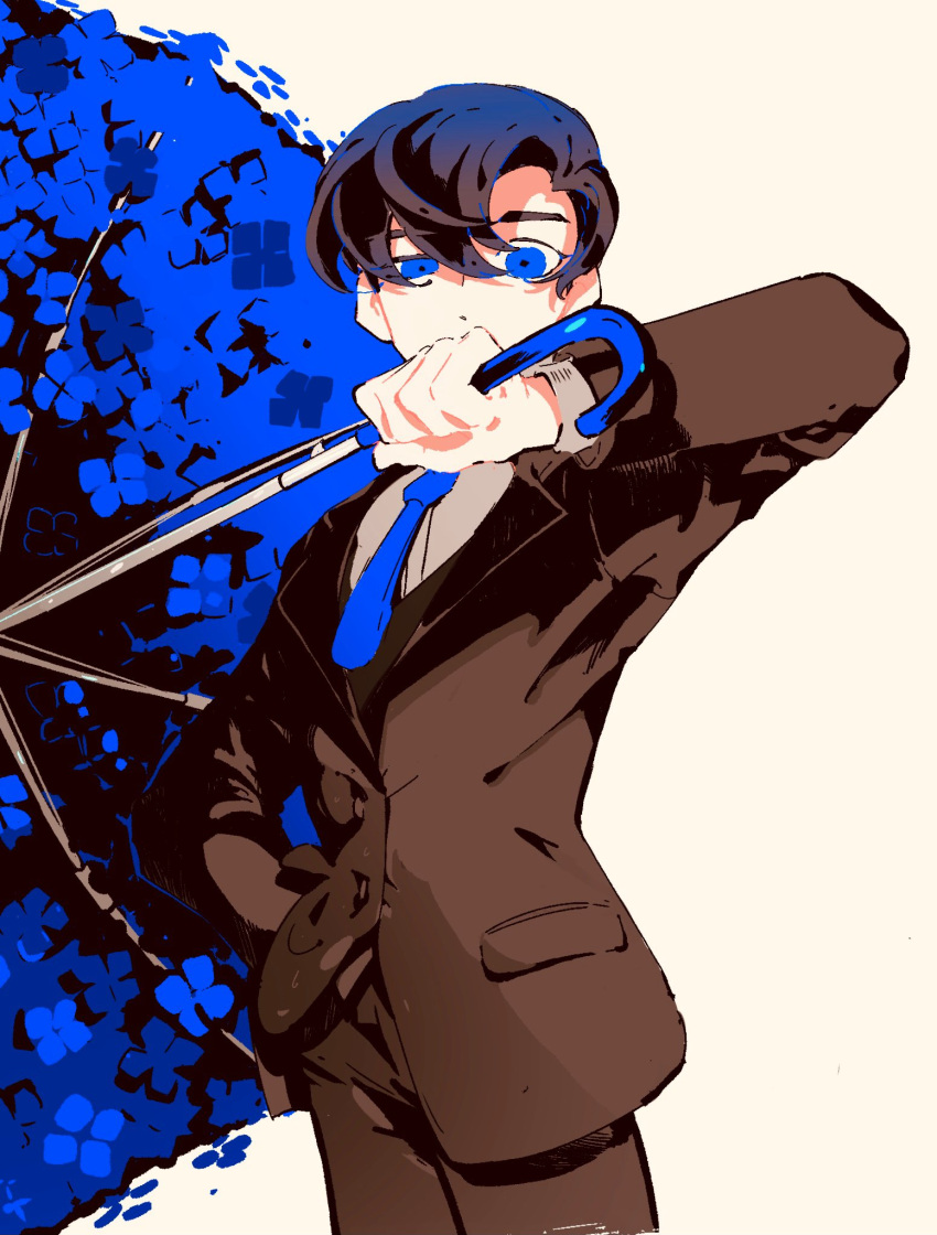 1boy, aozukikawasemi, blue_theme, commentary_request, covered_mouth, covering_mouth, cowboy_shot, flower