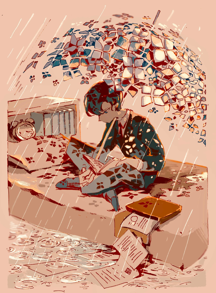 1boy, alarm_clock, aozukikawasemi, black_hair, black_jacket, black_necktie, blue_eyes, bookshelf, briefcase, clock, collared_shirt, commentary, flower_umbrella, formal, highres, holding, holding_paper, holding_umbrella, indian_style, jacket, male_focus, necktie, on_bed, original, pants, paper, rain, reading, ripples, sepia, shirt, short_hair, sitting, sitting_on_bed, slippers, solo, suit, symbol-only_commentary, umbrella, white_shirt