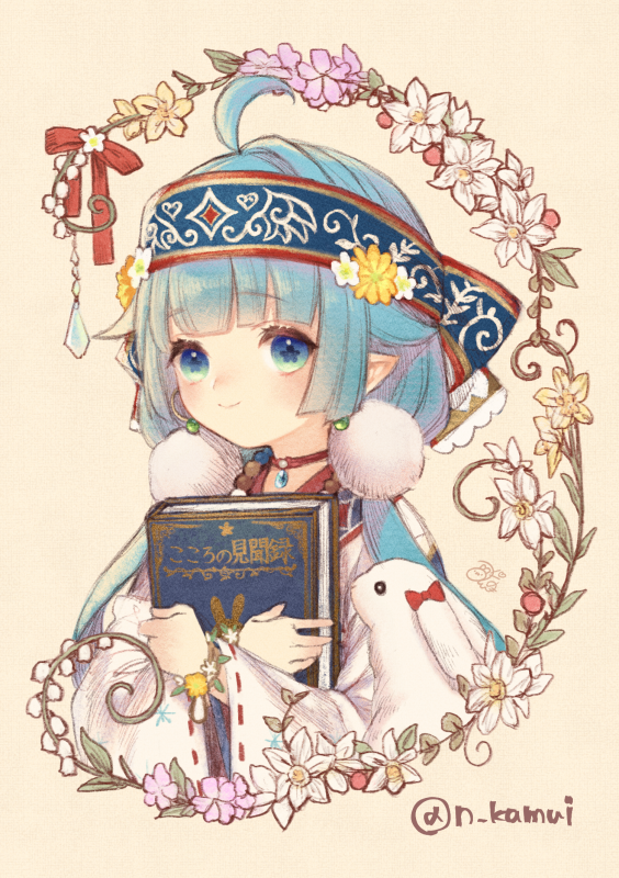 1girl, blue_eyes, blue_hair, book, choker, earrings, flower, jewelry