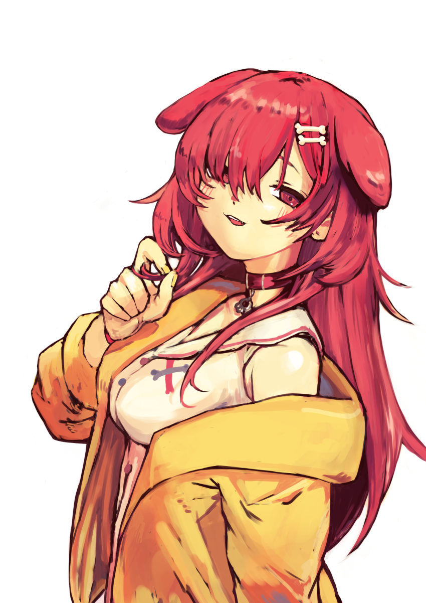 1girl, :3, animal_ears, bangs_pinned_back, bare_shoulders, bone_hair_ornament, breasts, brown_eyes
