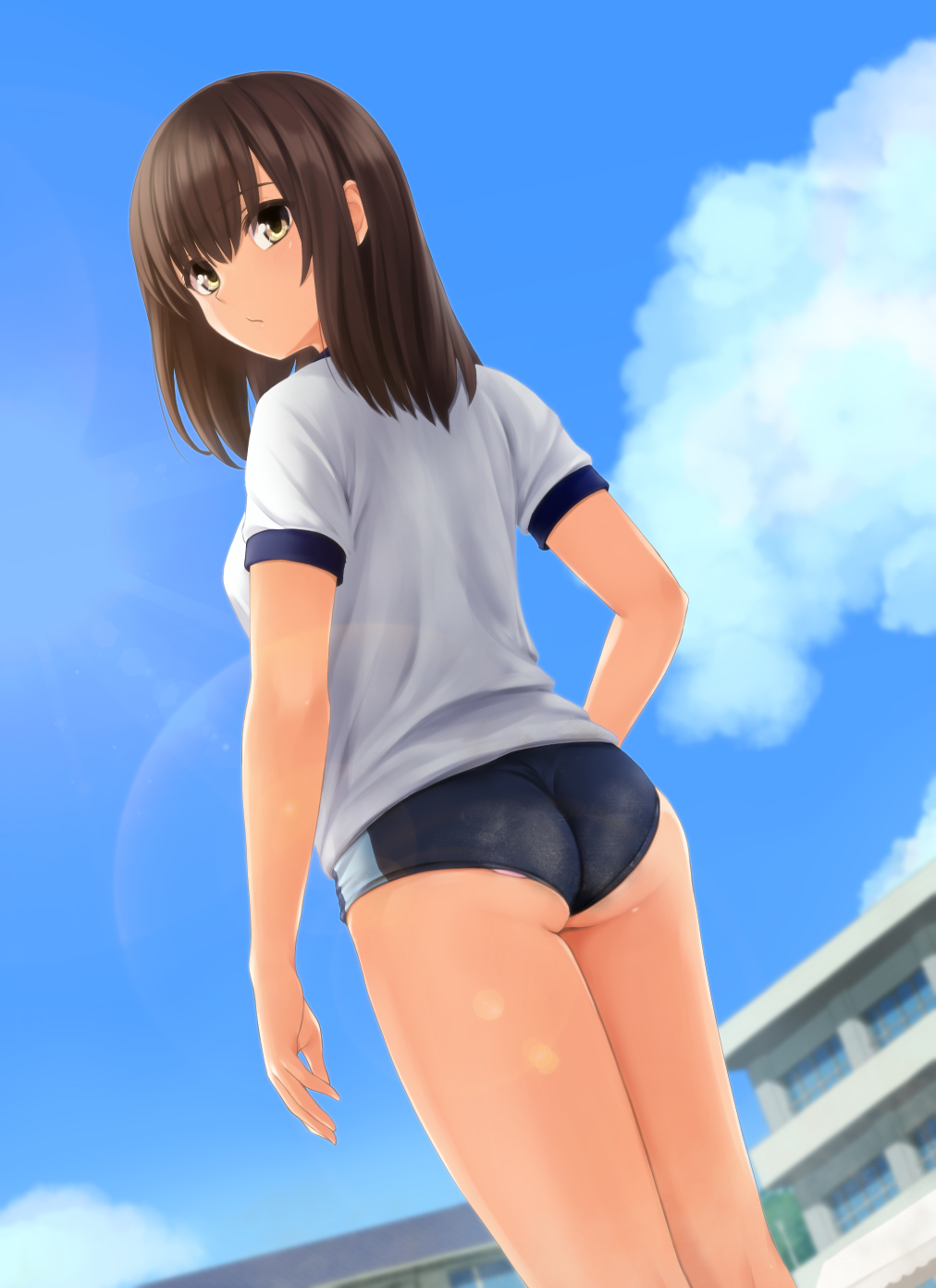 1girl, ass, bangs, black_buruma, blue_sky, breasts, brown_eyes, brown_hair