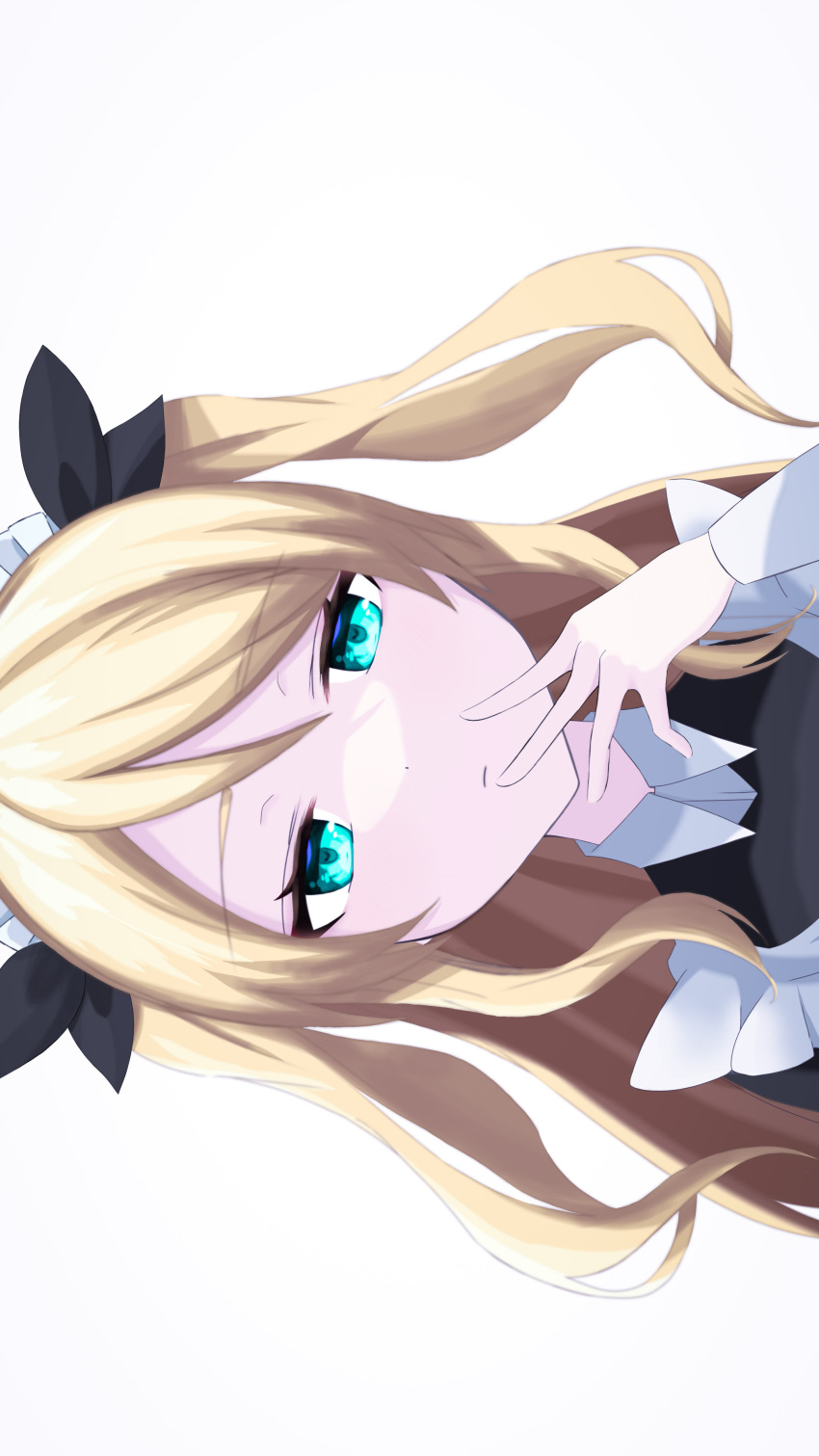 1girl, absurdres, apron, black_bow, blonde_hair, blue_eyes, bow, chin_stroking, disdain, dress, eyebrows_visible_through_hair, frilled_dress, frills, hair_bow, hand_on_own_chin, highres, kanelashi, maid, maid-chan_(wactor), maid_apron, maid_headdress, portrait, sideways, simple_background, thinking, two_side_up, wactor_production, white_apron, white_background