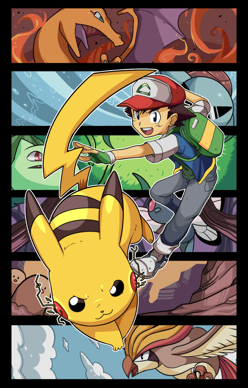 1boy, ash_ketchum, backpack, bag, baseball_cap, black_hair, blue_eyes, commentary_request