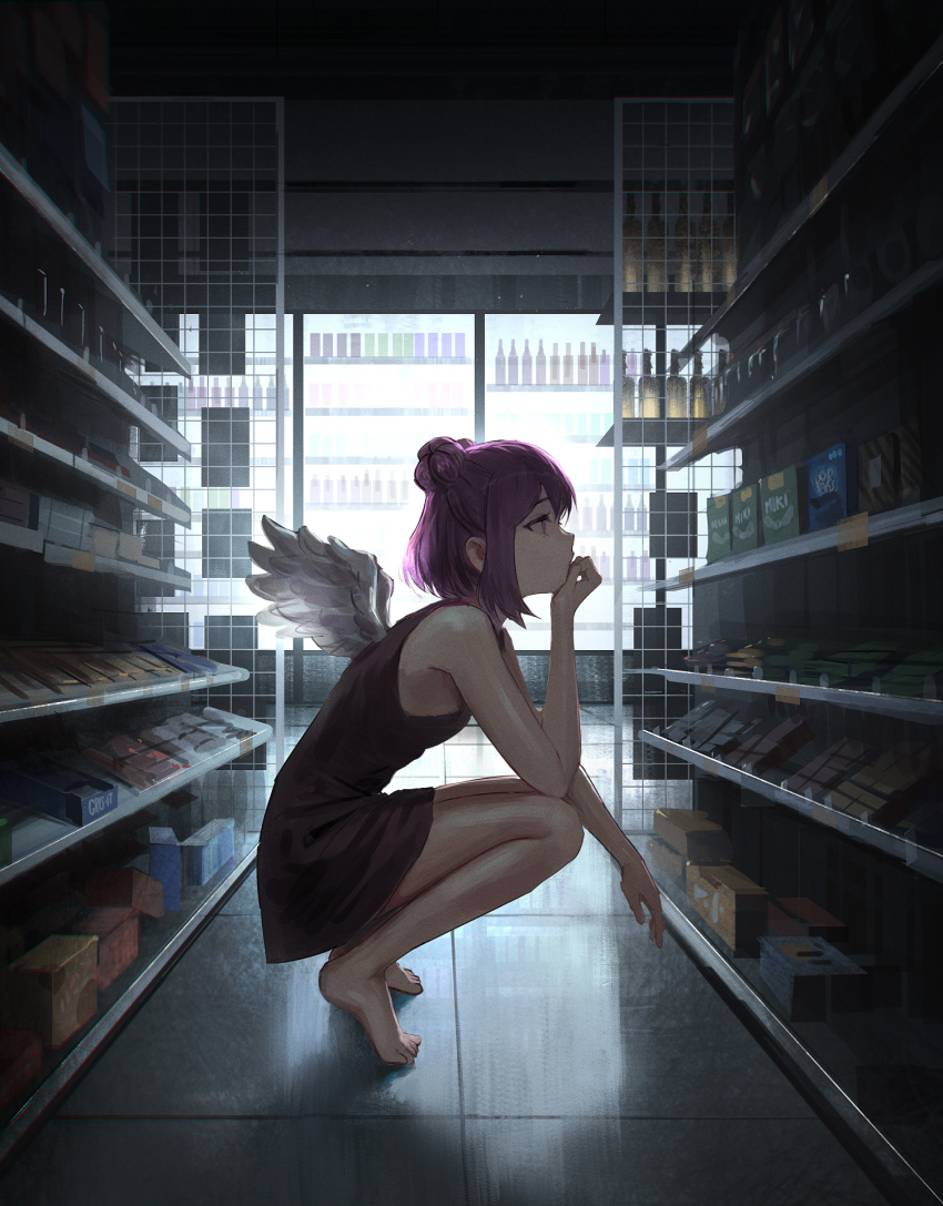 1girl, bangs, bare_legs, barefoot, black_dress, bottle, brown_eyes, closed_mouth
