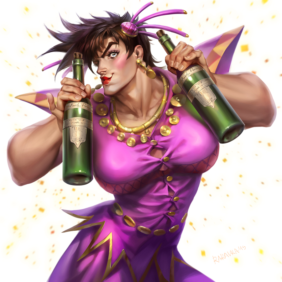 1boy, battle_tendency, bottle, brown_hair, closed_mouth, crossdressing, dress, earrings