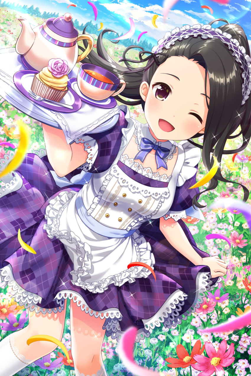 1girl, absurdres, alternative_girls, apron, black_hair, dress, field, flower