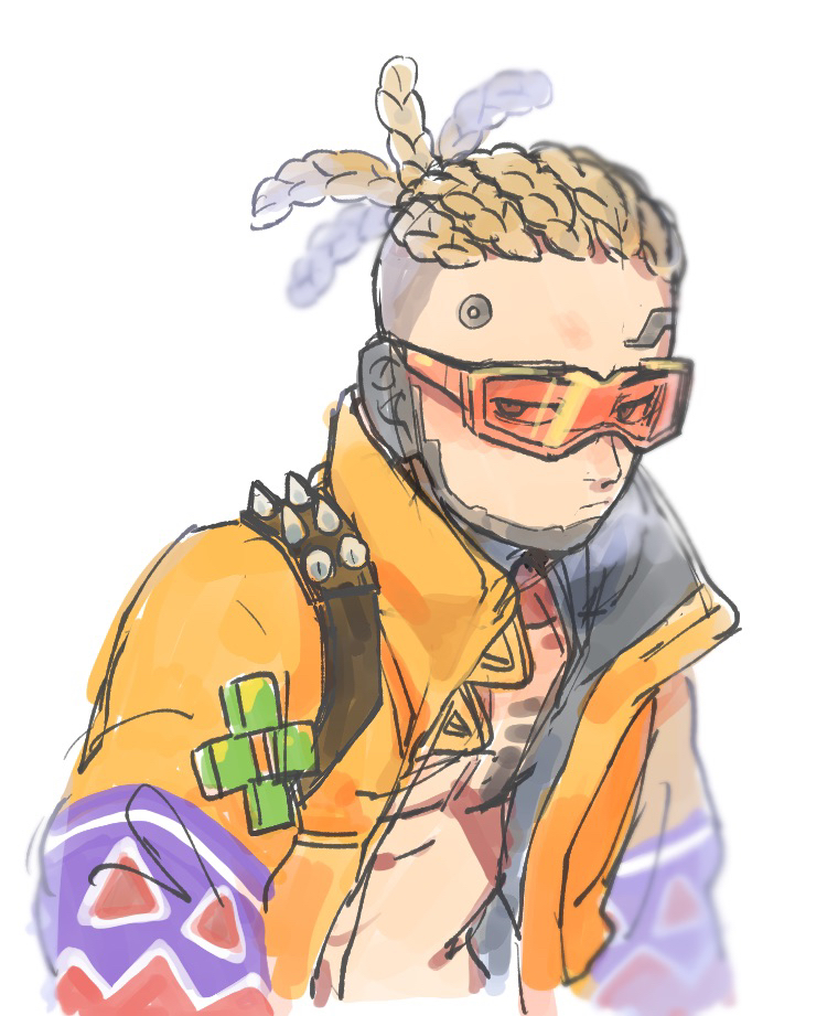 1girl, apex_legends, black_eyes, blonde_hair, collarbone, cornrows, crypto_(apex_legends), husagin