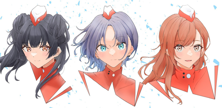 3girls, arisugawa_natsuha, asakura_tooru, black_hair, cropped_torso, dress, earrings, eyebrows_visible_through_hair