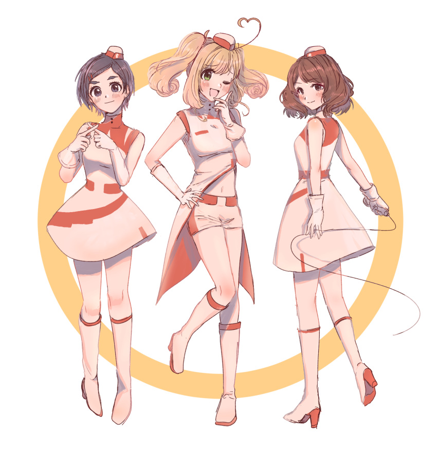 3girls, ;d, ahoge, black_hair, blonde_hair, boots, brown_hair, circle